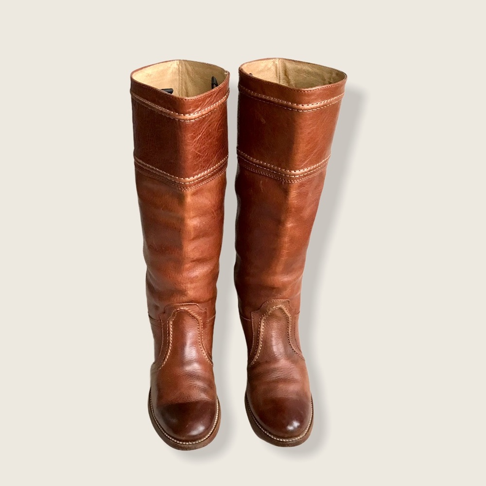 Frye Jane Stitch Leather Heeled Knee High Boots - Picture 11 of 16